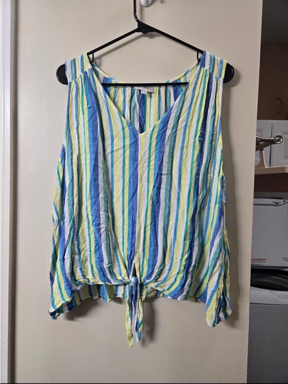 Striped Tie-Hem Sleeveless Top in Blue and Yellow